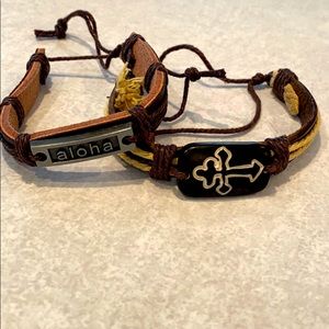 Pair of leather and rope bracelets